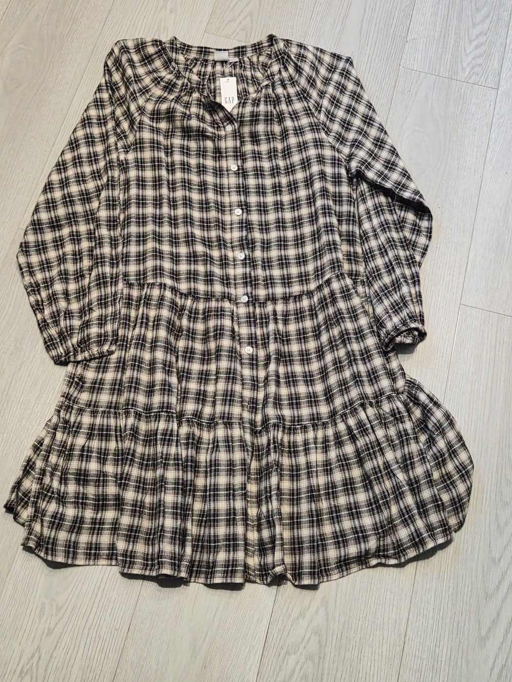 GAP Black & Cream Plaid Tiered Button-Front Dress